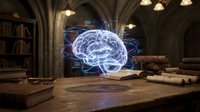 Glowing neon brain hologram floating above wooden desk in gothic library with books and arches, representing artificial intelligence and digital learning.