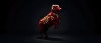 Ornate red rooster with golden decorative patterns standing proudly on dark background, traditional folk art style for festive designs and cultural projects.