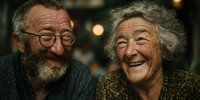 Happy elderly couple laughing together with warm bokeh lights in background. Senior man and woman sharing joyful moment indoors for lifestyle content.