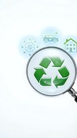 Magnifying glass revealing green recycling symbol with electric vehicle, smart home, and network icons representing sustainable energy and circular economy concepts.
