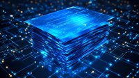 Glowing blue digital layers with circuit pattern background showing data processing and information technology concept in futuristic style.