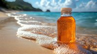 Amber glass bottle with refreshing beverage on sandy tropical beach with turquoise ocean waves and mountain landscape in background. Summer vacation concept.