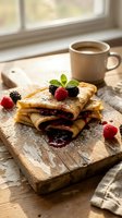 Delicious homemade crepes filled with berry jam served on rustic wooden board with fresh raspberries, blackberries and coffee cup by sunny window.
