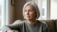 Senior woman with gray hair sitting on couch in living room, looking thoughtful. Suitable for healthcare, wellness, lifestyle, aging, retirement, and family-related content.