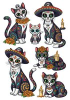 Stylized cats with skull face paint, ornate patterns, sombreros, and marigold flowers isolated on white background, ready for clipart, merchandise, and design applications.