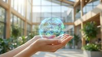 Hands holding glowing digital sphere with network connections in modern glass building. Technology innovation and connectivity concept for business presentations.