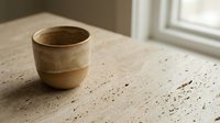 Handmade ceramic cup with natural glaze sitting on textured concrete surface near window, suitable for home decor, lifestyle, and product photography.