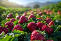 Fresh ripe strawberries growing on bushes in garden field at sunrise, closeup view of juicy red berries among green leaves in morning light.
