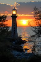 Lighthouse silhouetted against dramatic orange sunset sky, illuminated beacon glowing above rocky coastline with golden sun reflection on calm ocean waters.