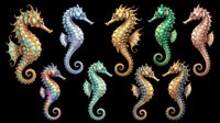 Seahorse collection in various colors and styles isolated on transparent background, ready for t-shirt design, clipart, stickers, sublimation and print-on-demand products.