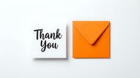 Thank you card with handwritten script text beside a bright orange envelope on a white background, isolated for greeting card design use.