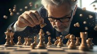 Senior Caucasian male with glasses concentrating on chess game, making strategic move with wooden pieces while light particles float in dramatic atmosphere.
