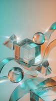 Abstract composition featuring transparent glass geometric shapes, spheres, and flowing ribbons in turquoise and peach tones with light refraction effects for modern design projects.
