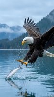 Bald eagle catching fish from alpine lake with mountains and forest in background, wildlife hunting action scene for nature and outdoor projects.