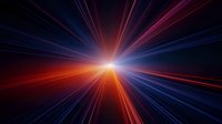 Vibrant light rays burst from central point creating dynamic speed effect with red and blue streaks against dark background, abstract futuristic energy concept.