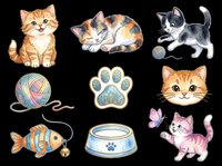 Cute kittens and cat-themed design elements isolated on transparent background, ready for t-shirts, stickers, clipart, sublimation and print-on-demand projects.