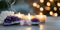 Spa wellness scene with burning candles, amethyst crystals, white towel and bokeh lights creating peaceful meditation atmosphere for relaxation therapy.