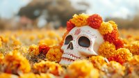 Decorative sugar skull with marigold flowers crown in autumn field setting. Traditional Day of Dead celebration with orange and red floral arrangement.