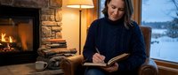 Middle-aged Caucasian woman writing in journal by fireplace in cozy winter cabin with warm lighting and snowy mountain view through window.