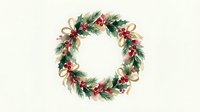 Festive Christmas wreath with pine branches, red berries and golden ribbon on cream background for holiday decorations and seasonal greeting cards.