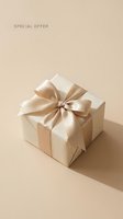 Elegant white gift box with satin champagne bow on beige background, special offer text, for holiday, luxury shopping, and promotion use.
