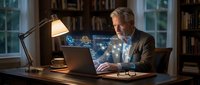 Senior businessman working on laptop with digital network hologram in elegant home office library setting during evening hours.