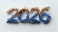 Paper quilled numbers 2026 in gradient blue and beige tones on white background, decorative filigree ornamental design for new year celebration.