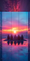 Five silhouettes sitting together watching vibrant sunset through panoramic window, reflections on glossy floor create mirror effect against dramatic purple and orange sky.