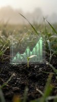 Young seedling sprouting from soil with glowing green upward trending graph overlay, representing agricultural growth, sustainable farming success, and business development in agriculture sector.