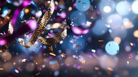 Festive glitter confetti and bokeh lights creating magical atmosphere with gold sparkles and purple elements floating in blurred background for celebration events.