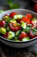 Fresh garden salad with juicy cherry tomatoes, crisp cucumber chunks, and chopped herbs in white ceramic bowl, dressed with olive oil and seasonings.