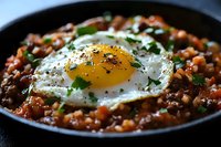 Spicy minced meat stew topped with sunny side up egg, garnished with fresh herbs in black cast iron pan. Traditional breakfast dish with tomato sauce.
