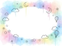 Pastel rainbow watercolor frame with cute doodle elements including clouds, stars, moons and hot air balloons on white background for baby shower invitations.