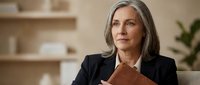 Professional mature Caucasian businesswoman with gray hair in black suit sitting confidently in modern office interior for corporate leadership concepts.