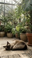 Relaxed cat resting on woven rug surrounded by potted tropical plants and monstera leaves near bright greenhouse window with natural sunlight.