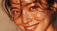 Young Asian woman with glowing skin and wet hair smiling warmly in golden sunlight. Natural beauty portrait with radiant complexion for skincare and wellness campaigns.
