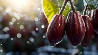 Fresh ripe dark red cacao pods with water drops hanging on branch against blurred bokeh background, close up view of wet cocoa fruits in tropical garden.