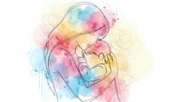 Watercolor mother tenderly holding newborn baby in loving embrace with rainbow colors and soft artistic brushstrokes for motherhood and family concepts.