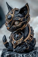 Mystical black cat figurine with ornate copper metalwork and gemstone details, featuring steampunk-inspired design elements and intricate gothic ornamentation on textured surface.