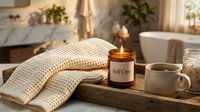 Cozy bathroom spa setup with a lit candle labeled Self Care, waffle towels, and herbal tea on a wooden tray in warm light.