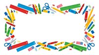 Colorful school supplies and stationery arranged in a frame border on white background, including markers, pencils, rulers, scissors and clips for educational design projects.