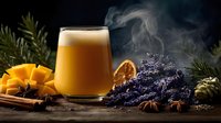 Steaming hot mango drink with lavender, dried orange, cinnamon and star anise on rustic wooden table against dark background.