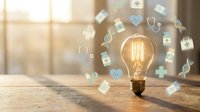 Glowing light bulb surrounded by floating medical icons on wooden surface with warm sunlight, healthcare innovation and bright ideas concept.