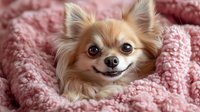 Long-haired Chihuahua dog with smiling expression wrapped in soft pink textured blanket, creating cozy pet portrait for animal care websites and pet product marketing.