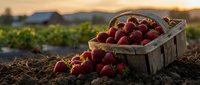 Fresh ripe strawberries in wooden basket at sunset on farm field with mountains in background during harvest season.