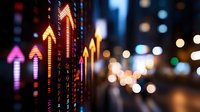 Glowing upward arrows on digital stock market display with blurred city lights background, representing financial growth and trading technology.