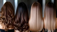 Different shades of brunette and blonde hair shown from behind on four female models, displaying various styling techniques from curly to straight hairstyles.