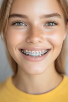 Young Caucasian woman with freckles and dental braces smiling confidently in yellow top. Close up portrait showing orthodontic treatment and natural beauty.