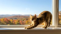 Tabby cat stretching on windowsill with autumn foliage landscape view. Cozy indoor pet scene with warm sunlight and colorful fall trees in background.