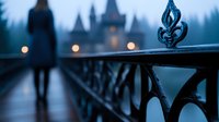 Atmospheric evening scene with silhouette of woman standing on bridge near gothic castle. Ornate metal railing detail in foreground. Moody blue tones and misty background create mysterious ambiance.